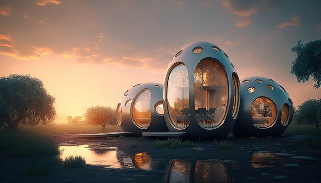 Futuristic Bubble Like Buildings By A Pond At Sunset