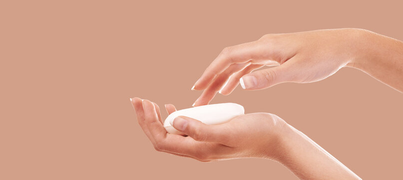 Skincare, soap and zoom on washing hands on studio background mockup, product placement and advertising. Cleaning, hygiene and protection from germs, bacteria and organic natural skin care safety.