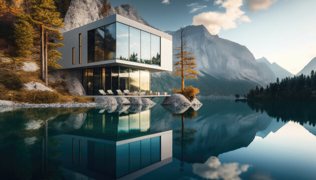 Fototapeta Modern Scandinavian style concrete and glass house design on a mountain lake. Generative AI