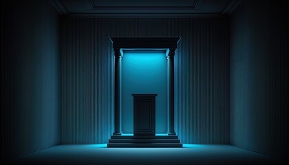 3d render, neon blue abstract background, ultraviolet rays, nightclub empty room interior, tunnel or corridor, glowing panels, fashion podium, performance stage decoration,made with generative ai