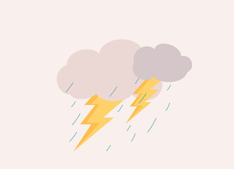 Dark Clouds With Thunder And Rains Pouring Down. Close-Up. Flat Design Style, Character, Cartoon.