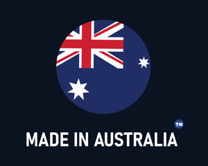 Made in Australia sign with their country flag round shape design. isolated on dark background.