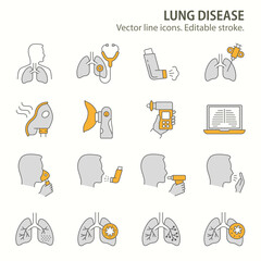 lung disease icons, such as pneumonia, nebulizer, bronchoscopy, bronchitis and more. Vector illustration isolated on white. Editable stroke.