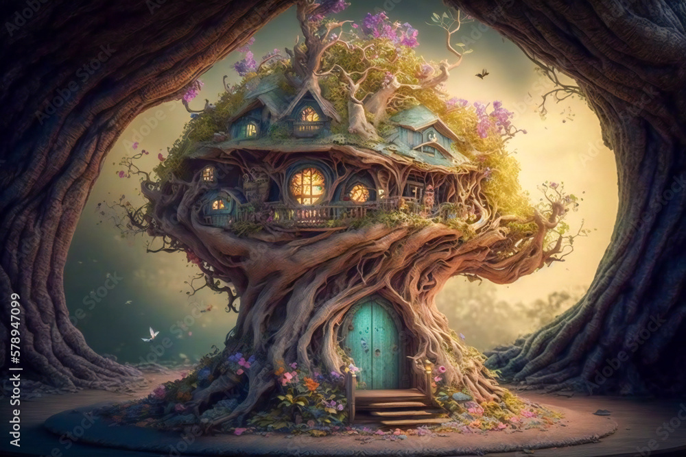 Poster tree fairy house. created with generative ai technology.