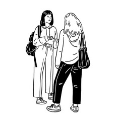 Women talking with friends Young people lifestyle Hand drawn line art Illustration