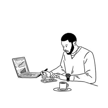 recommend clip art: Man working with calculator Financial report on laptop Business people Hand drawn line art Illustration