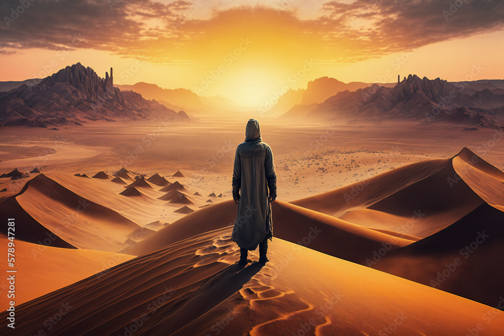 Poster silhouette of a man in the desert, standing on a dune. created with generative ai technology.