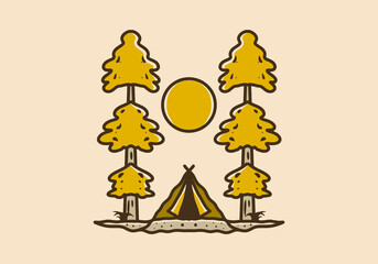 Camping tent between two pine tress illustration