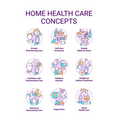 Home health care concept icons set. Medical services providers. Nursing and assistance idea thin line color illustrations. Isolated symbols. Editable stroke. Roboto-Medium, Myriad Pro-Bold fonts used