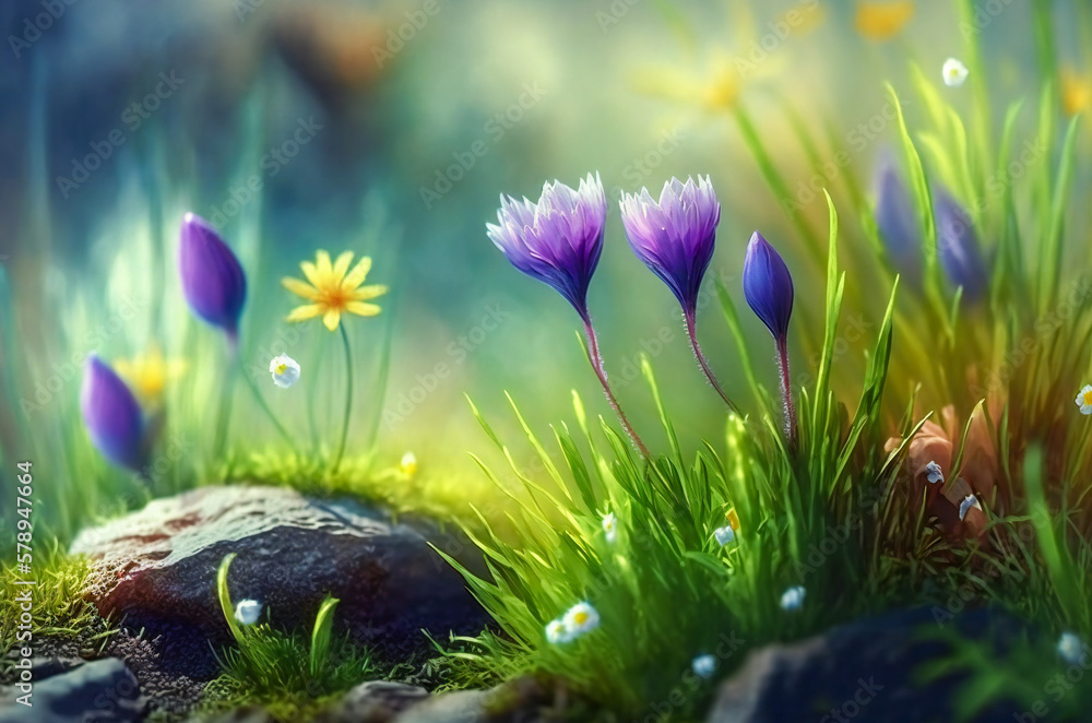 Poster illustration of little spring flowers blooming. macro, shallow depth of field. fictional. created wi