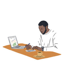 Man working with calculator Financial report on laptop Business people Hand drawn color Illustration