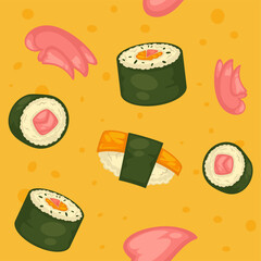 Sushi and onigiri, sahimi rolls seamless pattern