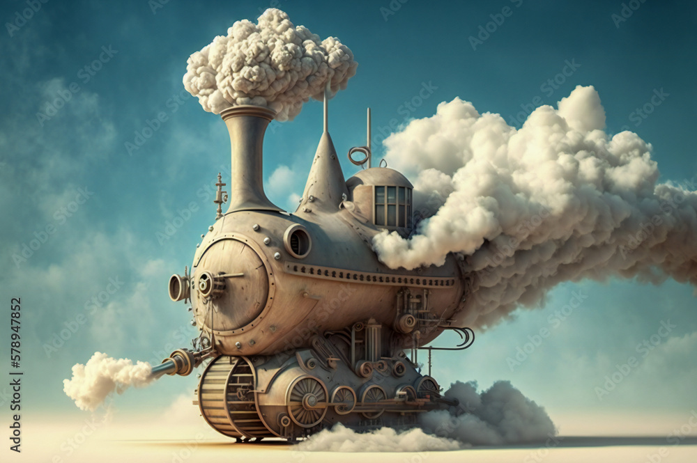 Poster fantasy steam machine running. created with generative ai technology.