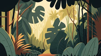 Poster Jungle - Minimalistic flat design landscape illustration. Image for a wallpaper, background, postcard or poster. Generative AI © Zerbor