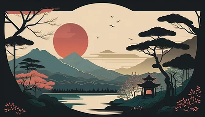 Türaufkleber Japan - Minimalistic flat design landscape illustration. Image for a wallpaper,  background,  postcard or poster. Generative AI © Zerbor