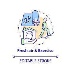 Fresh air and exercise concept icon. Workout. Remote workplace wellbeing tip abstract idea thin line illustration. Isolated outline drawing. Editable stroke. Arial, Myriad Pro-Bold fonts used