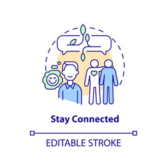 Stay connected concept icon. Communicate with friends. Remote workplace wellbeing tip abstract idea thin line illustration. Isolated outline drawing. Editable stroke. Arial, Myriad Pro-Bold fonts used