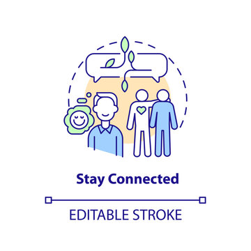 Stay Connected Concept Icon. Communicate With Friends. Remote Workplace Wellbeing Tip Abstract Idea Thin Line Illustration. Isolated Outline Drawing. Editable Stroke. Arial, Myriad Pro-Bold Fonts Used