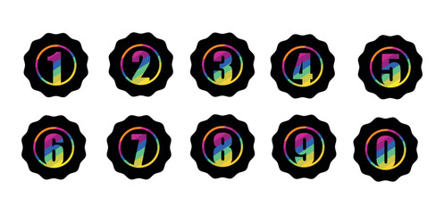 Set of Black with Multicolor Starburst Badges Icon. 0-9 Numbers Set.