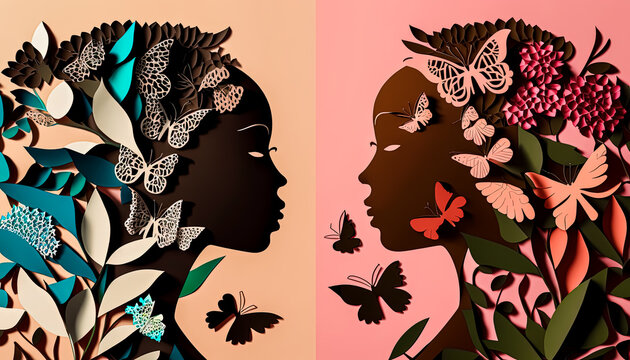 Multi-Ethnic Women's Faces in Paper Cut. Paper art , Happy women's day 8 march with women of different frame of flower , women's day specials offer sale wording isolate , Generate Ai
