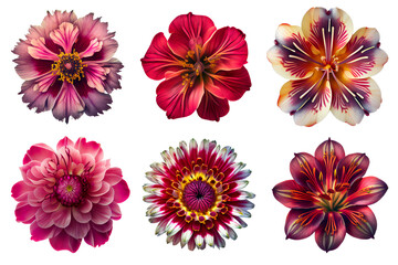 Fototapeta Assorted fantasy flowers on transparent PNG background. Flatlay top view of pink and red flowers. Floral graphic resources. Created with Generative AI.	 obraz