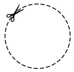 Scissors cut dotted line circle coupon with dash icon. Shear trim round shape coupon for promo sale along the guide line with dash or dot border. Vector flat illustation.