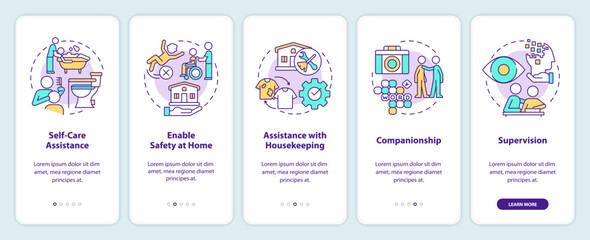 Personal care and companionship services onboarding mobile app screen. Walkthrough 5 steps editable graphic instructions with linear concepts. UI, UX, GUI template. Myriad Pro-Bold, Regular fonts used