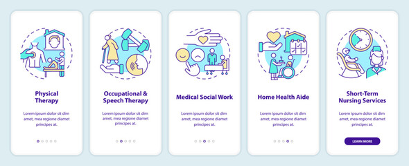 Fototapeta na wymiar Home health care services onboarding mobile app screen. Walkthrough 5 steps editable graphic instructions with linear concepts. UI, UX, GUI template. Myriad Pro-Bold, Regular fonts used