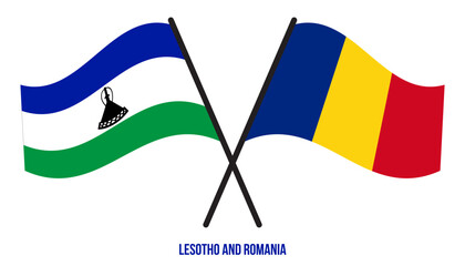 Lesotho and Romania Flags Crossed And Waving Flat Style. Official Proportion. Correct Colors.