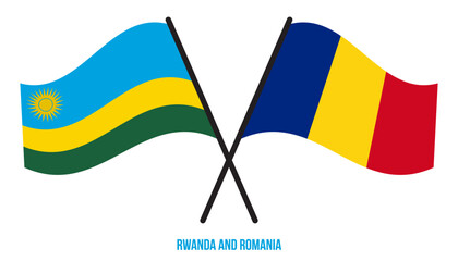 Rwanda and Romania Flags Crossed And Waving Flat Style. Official Proportion. Correct Colors.