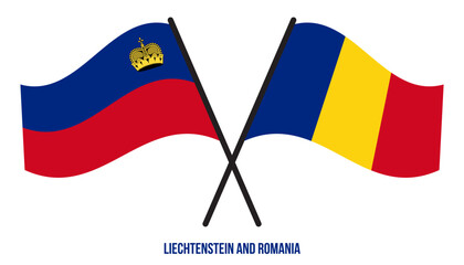Liechtenstein and Romania Flags Crossed And Waving Flat Style. Official Proportion. Correct Colors.