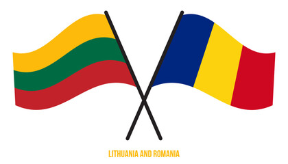 Lithuania and Romania Flags Crossed And Waving Flat Style. Official Proportion. Correct Colors.