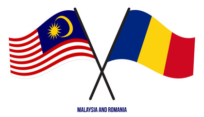 Malaysia and Romania Flags Crossed And Waving Flat Style. Official Proportion. Correct Colors.