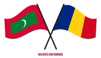 Maldives and Romania Flags Crossed And Waving Flat Style. Official Proportion. Correct Colors.