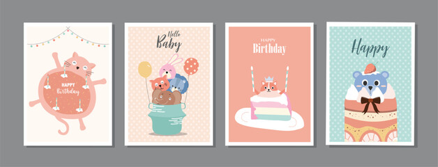 Set of happy birthday, holiday, baby shower celebration greeting and invitation card.Cute animals design with cake.Vector illustrations.