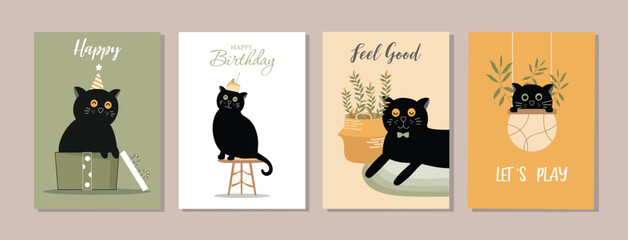Set of happy birthday, holiday, baby shower celebration greeting and invitation card.Cute animals design .cat.Vector illustrations. - 578950882