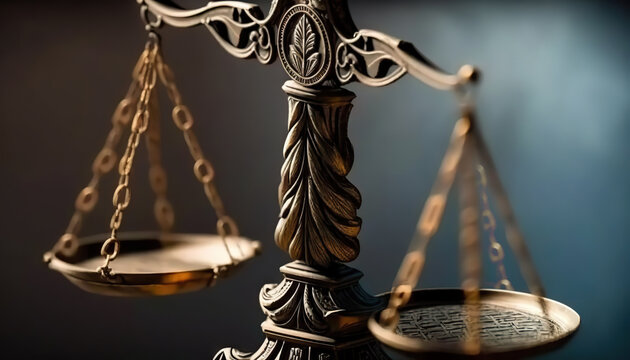Scales of justice close-up. Low depth of field. Based on Generative AI