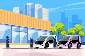 Electric car on charging station with green city. Electric vehicle charging stations are spread across the city. City building in background. vector illustration