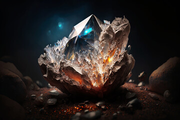 Diamond crystal, artificial illustration of the shimmering mineral, arranged and presented in a dark cave, made with generative ai