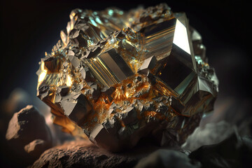 Pyrite crystal, artificial illustration of the shimmering mineral, arranged and presented in a dark cave, made with generative ai