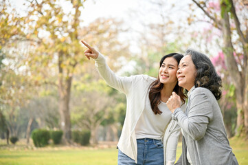 Happy Asian grandmother enjoys looking at the view with her lovely grandchild in the park