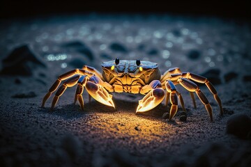 Fototapeta premium Sand crab with glowing claws on the beach. Sharp and detailed atlantic ghost crab. Generative AI