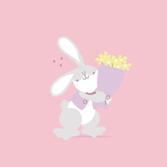 happy easter valentines day festival with animal pet bunny rabbit and flower, pastel color, flat vector illustration cartoon character