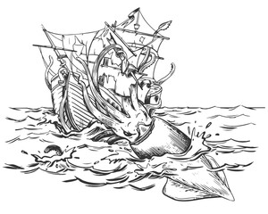 The legendary kraken is attacking the ship. A huge squid drags a sailboat underwater. Monochrome drawing. Vector illustration in engraving style. Composition based on the legends of sailors.