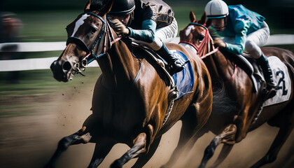 Horse race with a focus on the speed and intensity of the race, showcasing the powerful athleticism of the horses as they gallop towards the finish line Generative AI