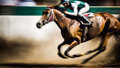 Fototapeta premium Horse race with a focus on the speed and intensity of the race, showcasing the powerful athleticism of the horses as they gallop towards the finish line Generative AI