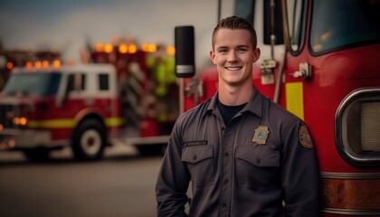  a beautiful smiling young firefighter beside of a blurry fire station background generative ai