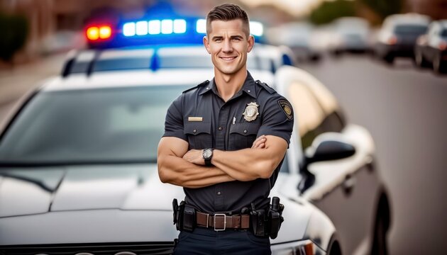  a beautiful smiling young police beside of a blurry traffic light and police car background generative ai
