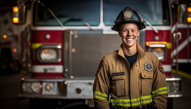  a beautiful smiling young firefighter beside of a blurry fire station background generative ai