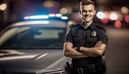  a beautiful smiling young police beside of a blurry traffic light and police car background generative ai